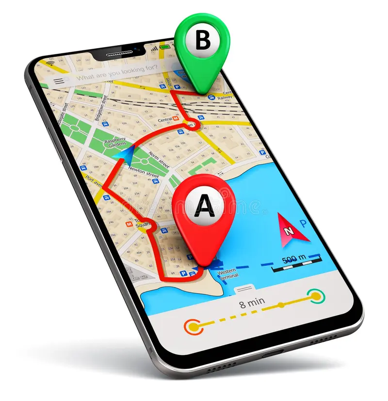 App de tracking GPS visualizada en un smartphone con ruta y pines A y B
