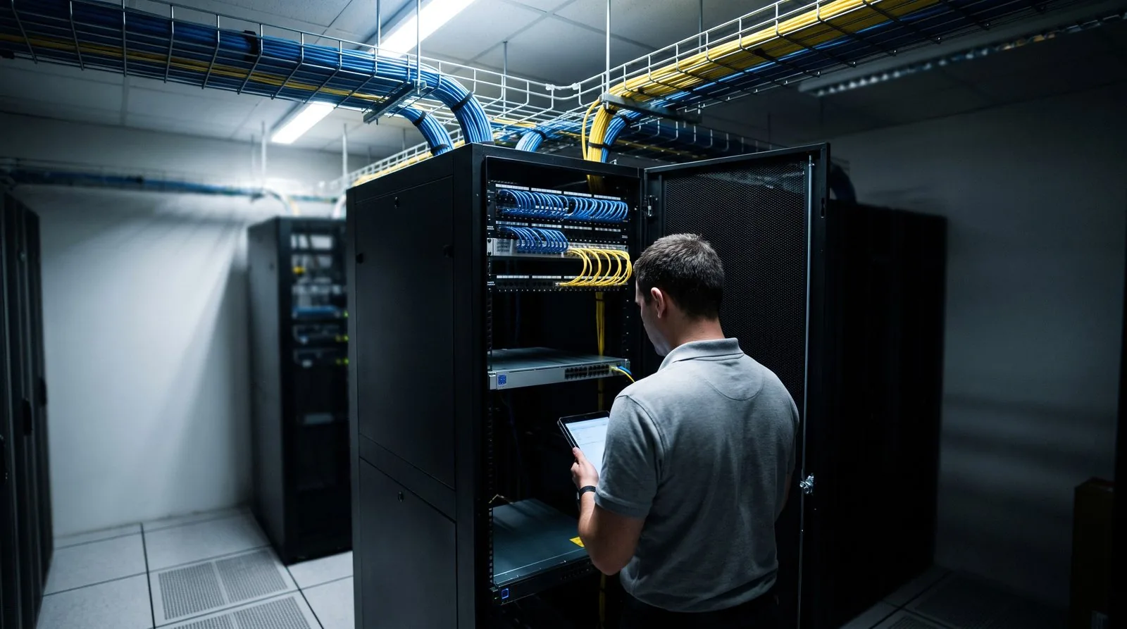 Technician checking a network rack with a tablet in a server room