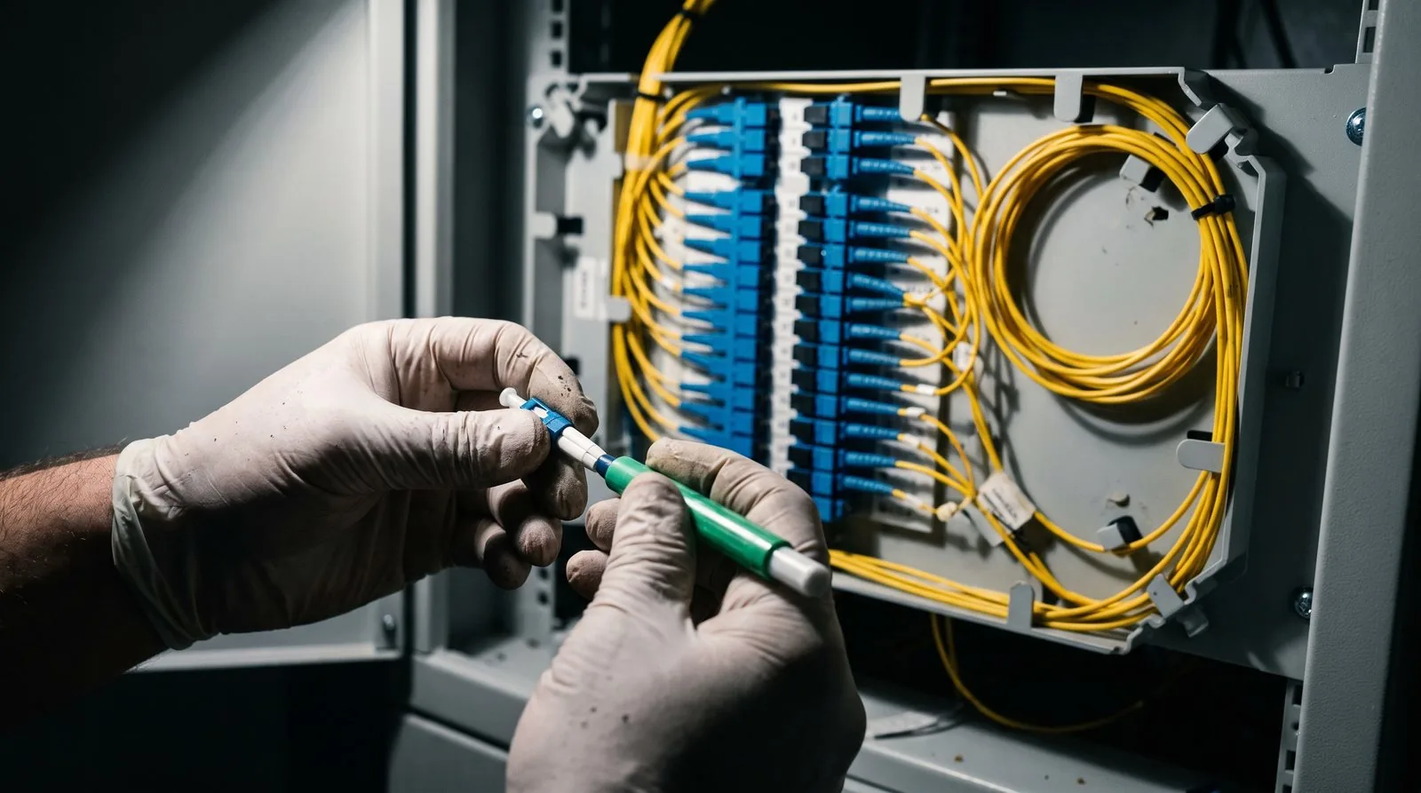 Technician cleaning a fiber optic connector at an ODF